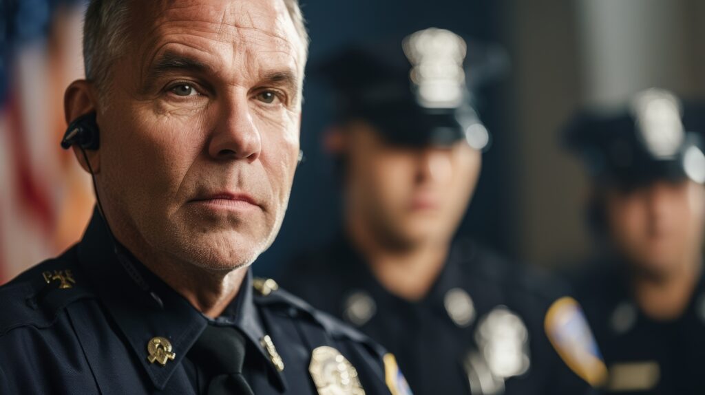 A police chief giving a press conference with officers in the background using encrypted earpieces to receive realtime updates and instructions.